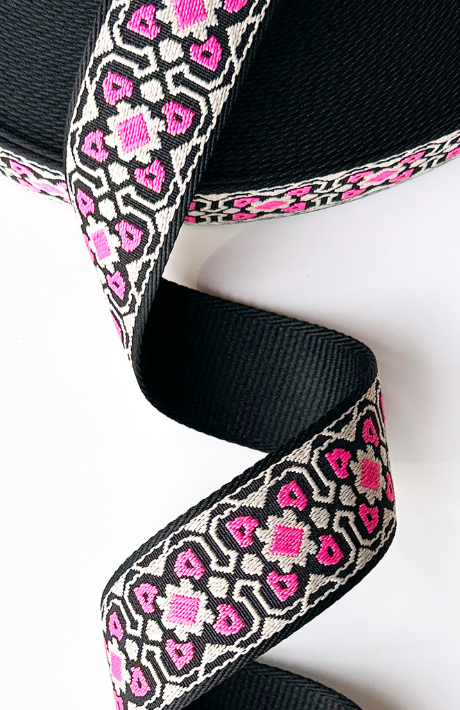 Pink, Black & Cream Lace - 2in Handle Webbing