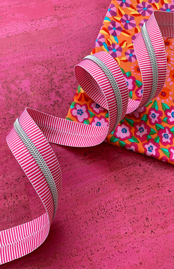Pink Stripe Zipper Tape with Nickel teeth - Sassafras Lane Designs