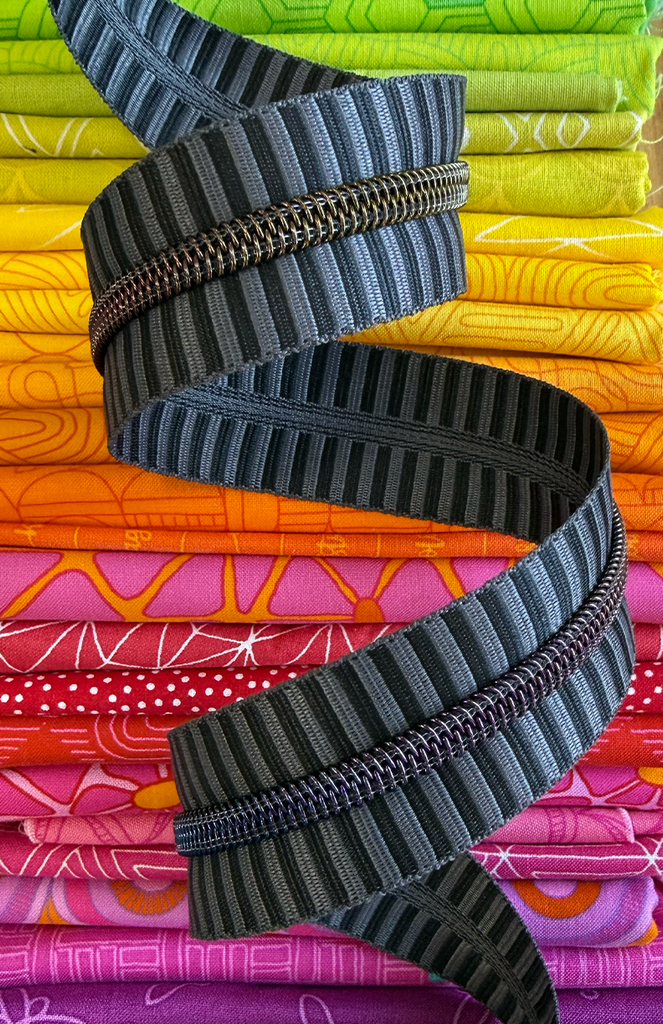 Wide Black & Grey Stripe Zipper Tape with Rainbow teeth